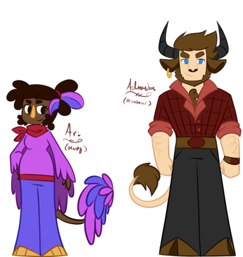 Art dump of more of my OCs! Ari the Harpy, Adrastos (”Drast”) the Minotaur and Madame Gi