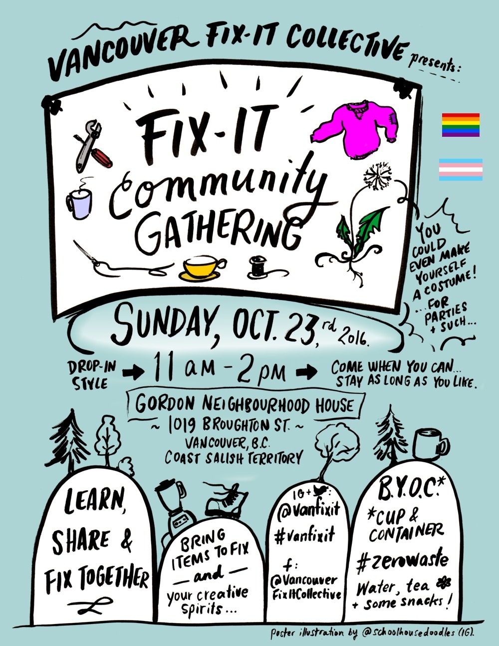 [image: poster for upcoming Fix-It Community Gathering event Oct 23, 2016 from 11-2pm, “drop-in style, come when you can stay as long as you like” at Gordon Neighbourhood House 1019 Broughton Street, Vancouver BC, Coast Salish Territory. Light blue...