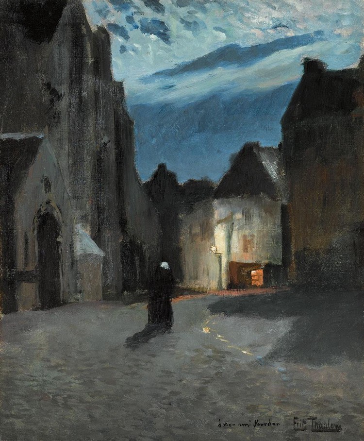 poboh:  Frits Thaulow (Norwegian, 1847-1906), Landsby i måneskinn [Town by moonlight],
