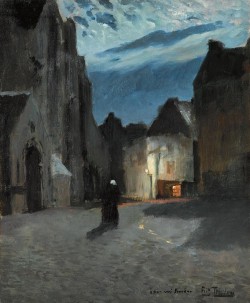 poboh:  Frits Thaulow (Norwegian, 1847-1906), Landsby i måneskinn [Town by moonlight], c.1897. Oil on canvas, 46 x 38 cm. 