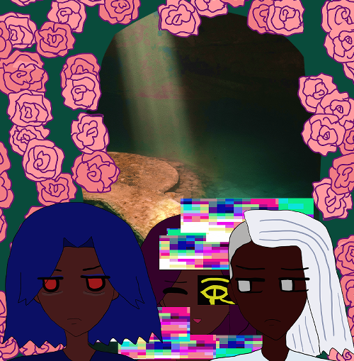 the triplets are above a cave that goes deep and has an opening that shines sunlight down into a rounded platform made by humans, surrounded by a blue-green lake. pink roses fall everywhere behind them with a mimicked blue-green rose arch similar to armando and ranvir's in their older age rose arch art.