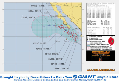 Tropical depression Fifteen-E forecast to become a tropical storm later
today. Interests elsewhere in Baja California Sur should monitor the
progress of this system.
At 03:00 hr MDT (09:00 UTC), the center of Tropical Depression
Fifteen-E was located...