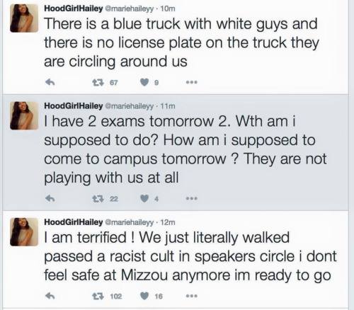 halfpastinsomniac:  This is what is happening at University of Missouri right now. White students have been reported gathering on campus chanting “white power”, white students in pickup trucks are driving around harassing black students, there have