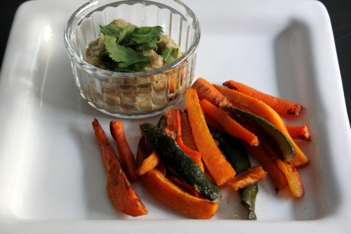 coconut baba ghanoush with oven roasted sweet potato, carrots and zucchini
