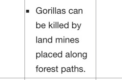 murkmen: despazito: i was reading wikipedia about threats to gorilla conservation and i am deeply ashamed to admit that the mental image upon reading that a gorilla could step on a landmine made me laugh  this reads like a video game loading screen 