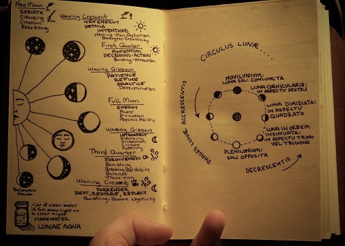 My grimoire pages on the lunar phases. Left page are the phases labeled in english with their corres