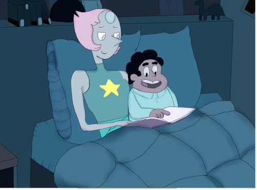 roquereptil:  progress for story time this a birthday present for @pearl-likes-pi the line art i made it on 5/20/16, but right after that the finals weeks started so… yeah just now i had the chance to actually work on it!  i love how pearl ended, steven