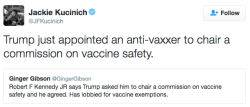 pre-med-timelord: aspiringdoctors:   closet-keys:  drfitzmonster:  the-future-now:  Trump picks anti-vaxxer to lead commission on vaccine safety Trump on Tuesday asked a prominent anti-vaxxer to lead a commission on vaccine safety. Robert F. Kennedy Jr.,