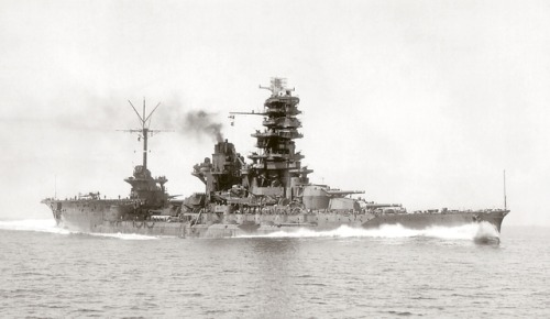 historicaltimes: Japanese Battleship-Aircraft Carrier hybrid Hyūga, during her sea trials, 23 August