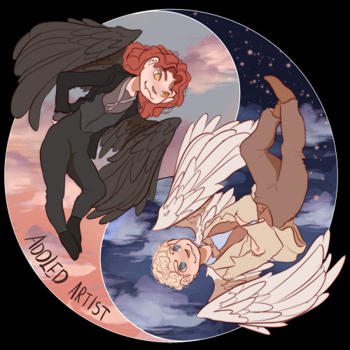 Good omens fanart. I tried to do a ying and yang kind of thing for Crowley and Aziraphale