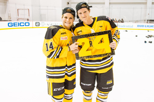 Brianna Decker and Kacey Bellamy pay tribute to Denna Laing after their Isobel Cup victory on Saturd