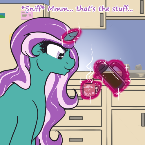 askbountybliss:“I need my go-juice before I can do justice to that little tale!” –  This will be the beginning of a story arc for Ask Bliss. We’re going to learn a bit about what she was like in her teens, and somepony very important to her life