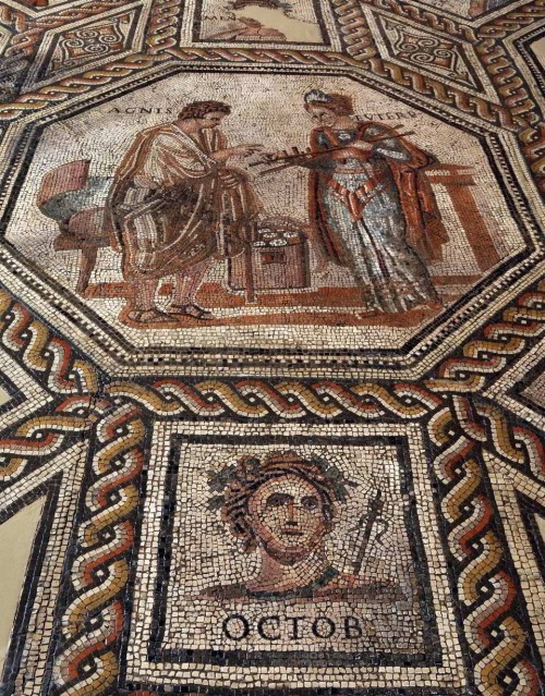 Mosaic of Monnus -  imperial palace, TrierA rare mosaic since artist’s “signature” (=Monnus) is visi