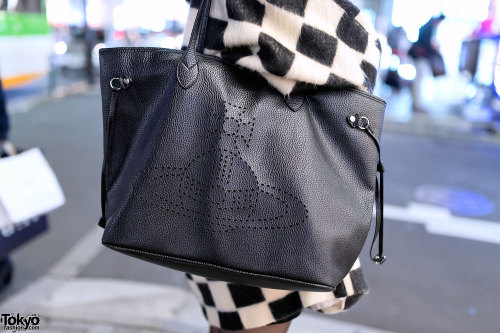 tokyo-fashion:  Appy on the street in Harajuku at night with a resale checkered coat, Vivienne Westwood bag & Murua platform boots. Full look.