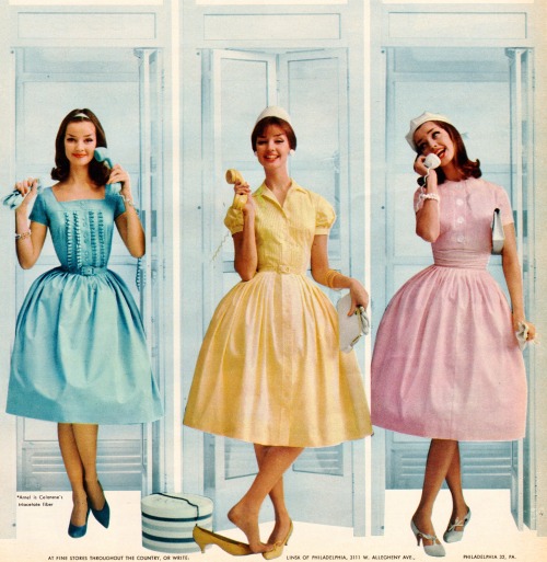 vintagefashionandbeauty:Summer dresses by Betty Barclay, featured in Seventeen, May 1960. (♥)