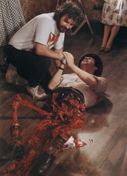 nearlyvintage:  Peter Jackson behind the scenes of Braindead aka Dead Alive 1992   
