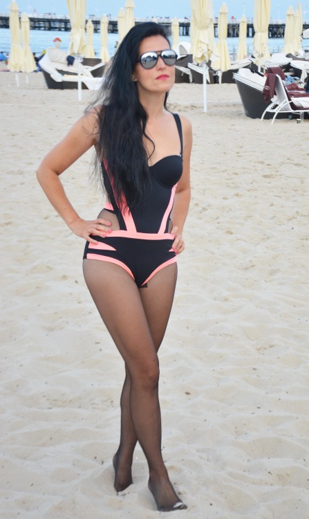 pantyhose swimsuit at the beach