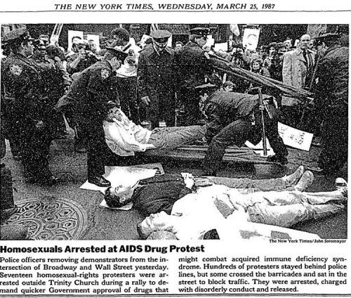 “Homosexuals Arrested at AIDS Drug Protest,” The New York Times, March 25, 1987. @nytime