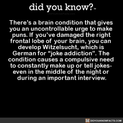 did-you-kno:There’s a brain condition that gives  you an uncontrollable urge to make  puns. If you’ve damaged the right  frontal lobe of your brain, you can  develop Witzelsucht, which is  German for “joke addiction”. The  condition causes a compulsive