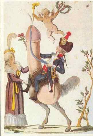 French Revolutionary propaganda depicting Marie Antoinette leading a Gen. Lafayette on a giant walki