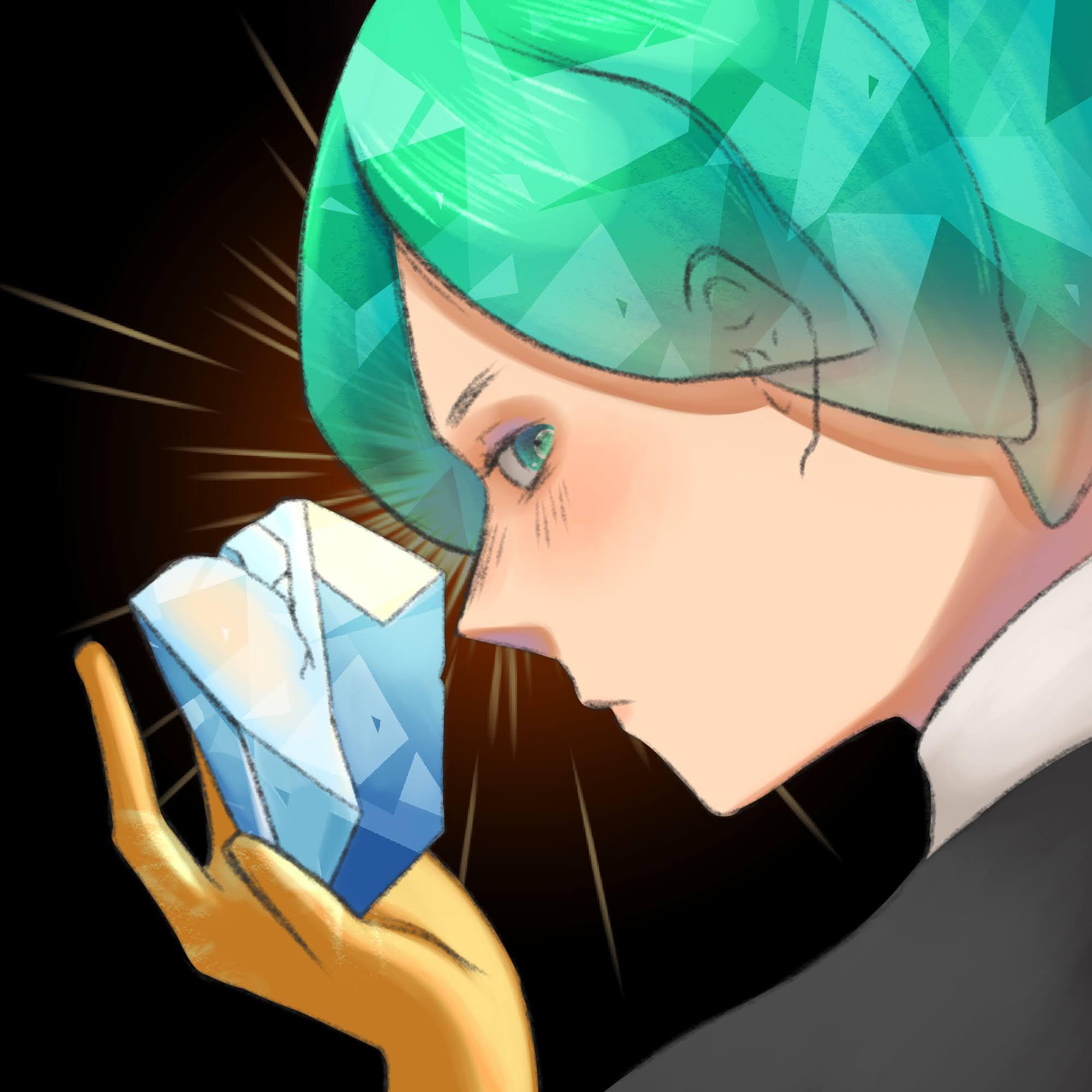 digital portrait drawing of phosphophyllite from houseki no kuni. they are in the form with shorter hair and golden arms. they look with a neutral expression at the viewer, while holding a crystal fragment in the colors of antarcticite