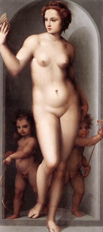 Venus and Two Cupids (1520-25). Andrea del Brescianino (Italian, 1487-1525). Oil on canvas. Galleria