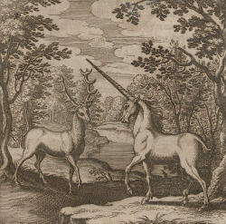 deathandmysticism:Alchemic engraving with a red deer and unicorn, Theosophie &amp; Alchemie, 1678