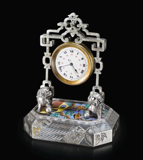 Chinoiserie desk clock in the manner of BoucheronParcel-gilt silver and enamelcirca 1880