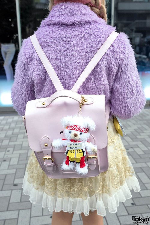 tokyo-fashion:  18-year-old Rinalee on the street in Harajuku wearing a fuzzy Swankiss jacket with a WC skirt, Katie pins, a WEGO backpack, and a YowaPeda Sohoku teddy bear. Full Look