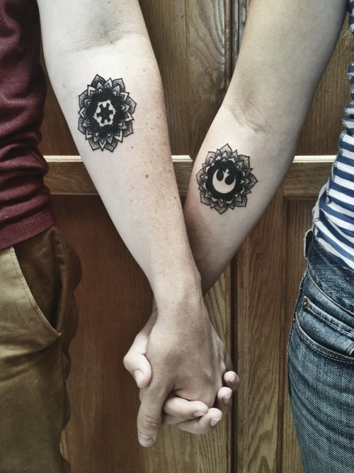 Couple matching heart and key tattoo