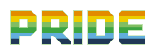 [image description: four block text banners of the word “pride” in a squared-off text, coloured in f