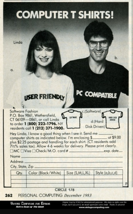 yesteryearads:“Hey Linda, I know a good thing when I see it.”Computer T-ShirtsCirca 1983