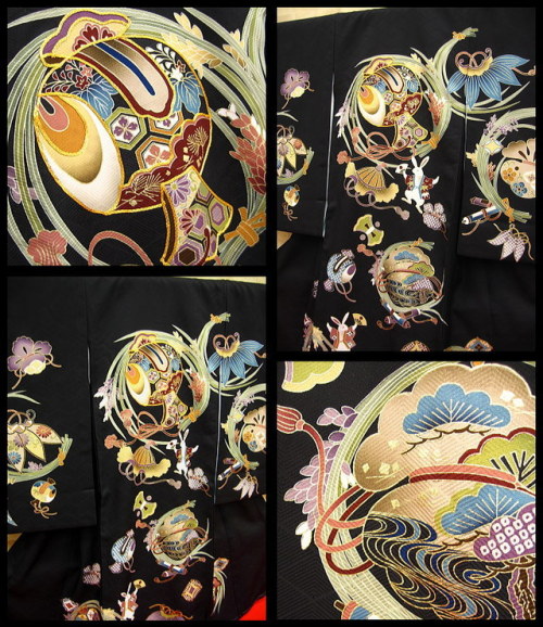 Miyamairi(first shrine visit) kimono, featuring joyful rabbits dancing among an auspicious symbols s