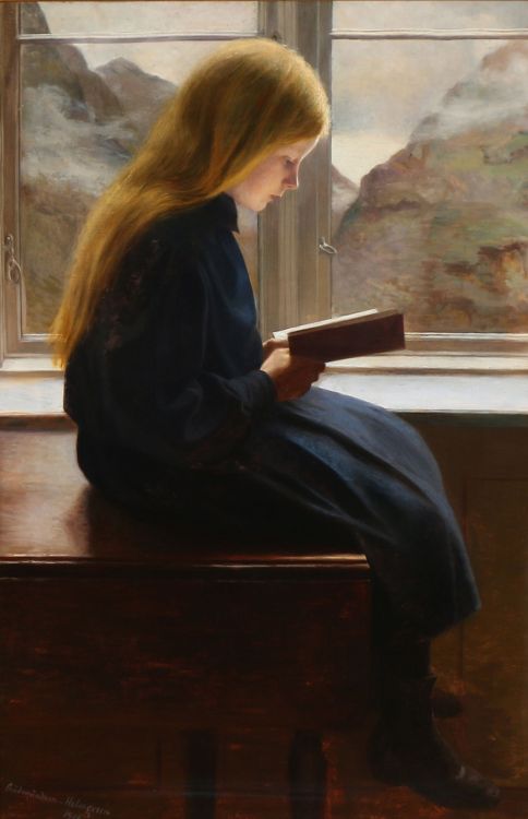 poboh: Læsende lille pige / A little girl reading, 1900, Johan Gudmundsen-Holmgreen. Danish (1