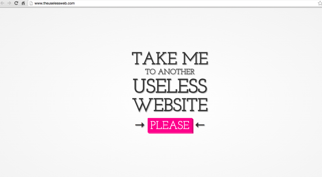 http://www.theuselessweb.com/
This is a website that is an excellent embodiment of the opposite of what we have looked at recently in class - the active user of the web is left uncertain and helpless, unknowing of to where they will be transported...