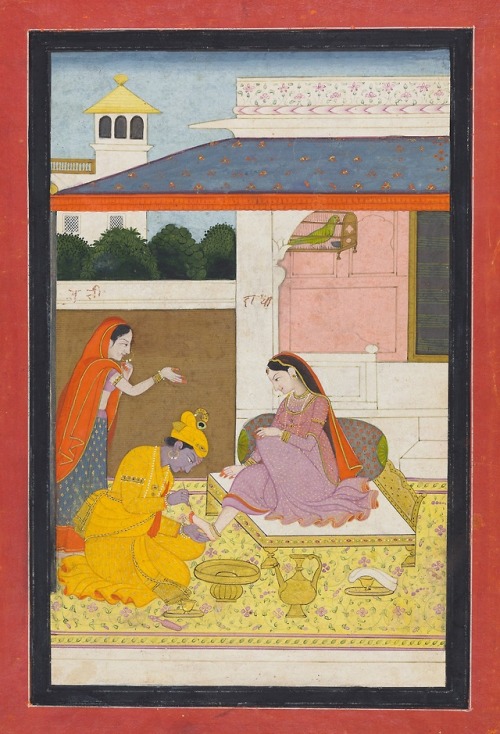 Krishna paints Radha’s toenails red; The Svadhinapatika nayika from a Rasikapriya series, Kangra, c,