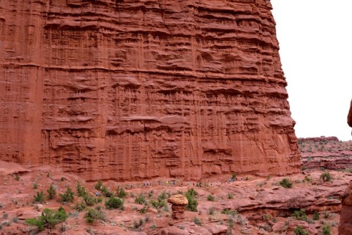 Runners are dwarfed by a gigantic redrock wall near Fisher Towers in southeastern Utah.Photo: Bryon 