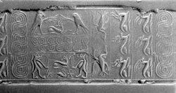 met-ancient-art:Cylinder seal and modern impression: rows of animals; falcons flanking goat, Taweret