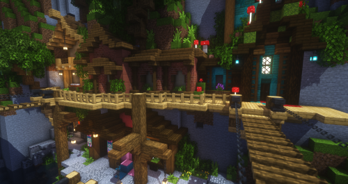 ravine settlement work in progress, featuring old brick library, mushroom-infested apothecary, and a
