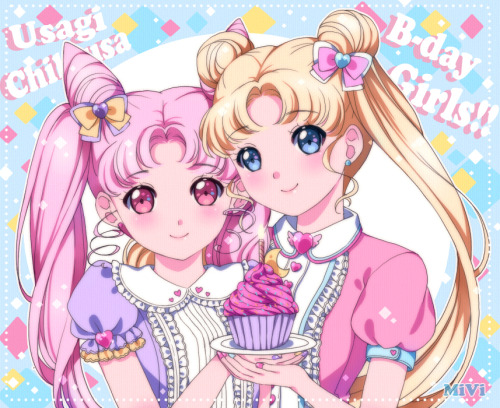 セーラームーン（シリーズ）、月野うさぎ、ケーキ、リボン、マニキュア、ロングヘア、ツインテール、mivi、tsukino chibiusa、お団子（髪型）、宝飾、ピンク目、笑顔、結んだ髪、金髪、青い目、食べ物、ピンクの髪