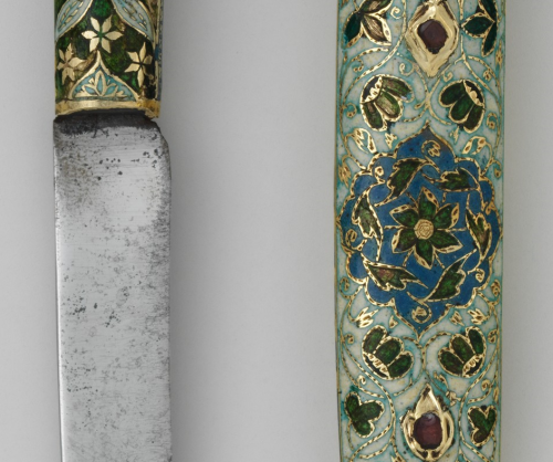 brassmanticore:Silver knife and enamelled sheath set with rubies, India, 18th century (Met).
