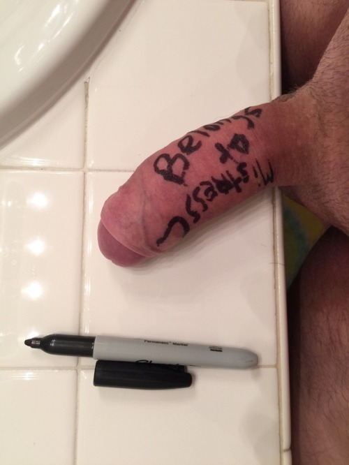 siren-of-the-lake:Pup writing on his cock who it truly belongs to. Good pup