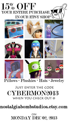 nostalgiabombstudios:  We here at NBS are happy to announce our CYBER MONDAY SALE!  Nostalgia Bomb Studios is your one-stop shop for funky nerdy gifts.  Looking for something unique for the Transformers or Invader ZIM fan in your life?  Trying to find