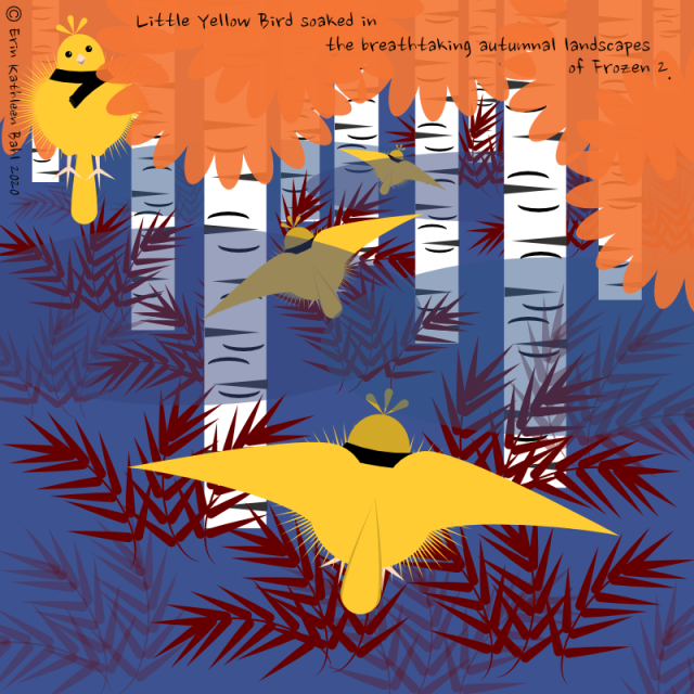 LYB296: A perfect movie for any season, honestly!  [Image: Little Yellow Bird flies through a forest of white birches with orange-gold leaves, red ferns, and purple shadows.Text: Little Yellow Bird soaked in the breathtaking autumnal landscapes of Frozen 2.] #bird#comics#webcomics#cartoons#animals#animal art#frozen#frozen 2#magic#winter#autumn#birch#fern#forest#comicstrip#comicstrips#illustration#childrens illustration#vector art