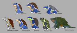nmzuka:  Blastoise variants! This time I did body variants (top row) and some color/subspecies variants (bottom row) Things can cross around too, like a Red-eared Slider subspecies in the Battle body variant or an Aquatic Diamondback Terrapin. Would