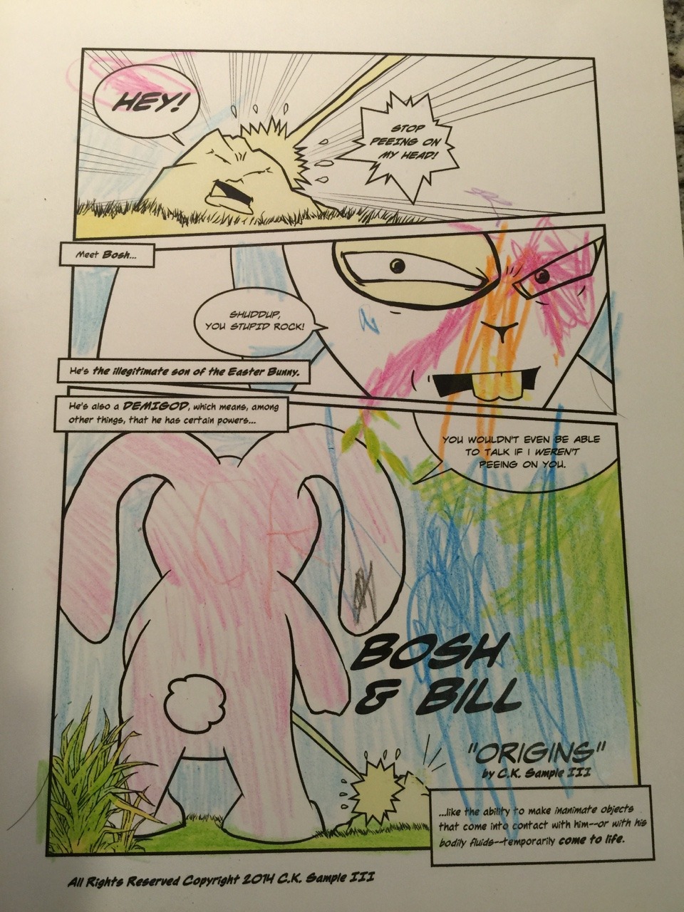 My son decided to color in one of the early printouts of Page 1