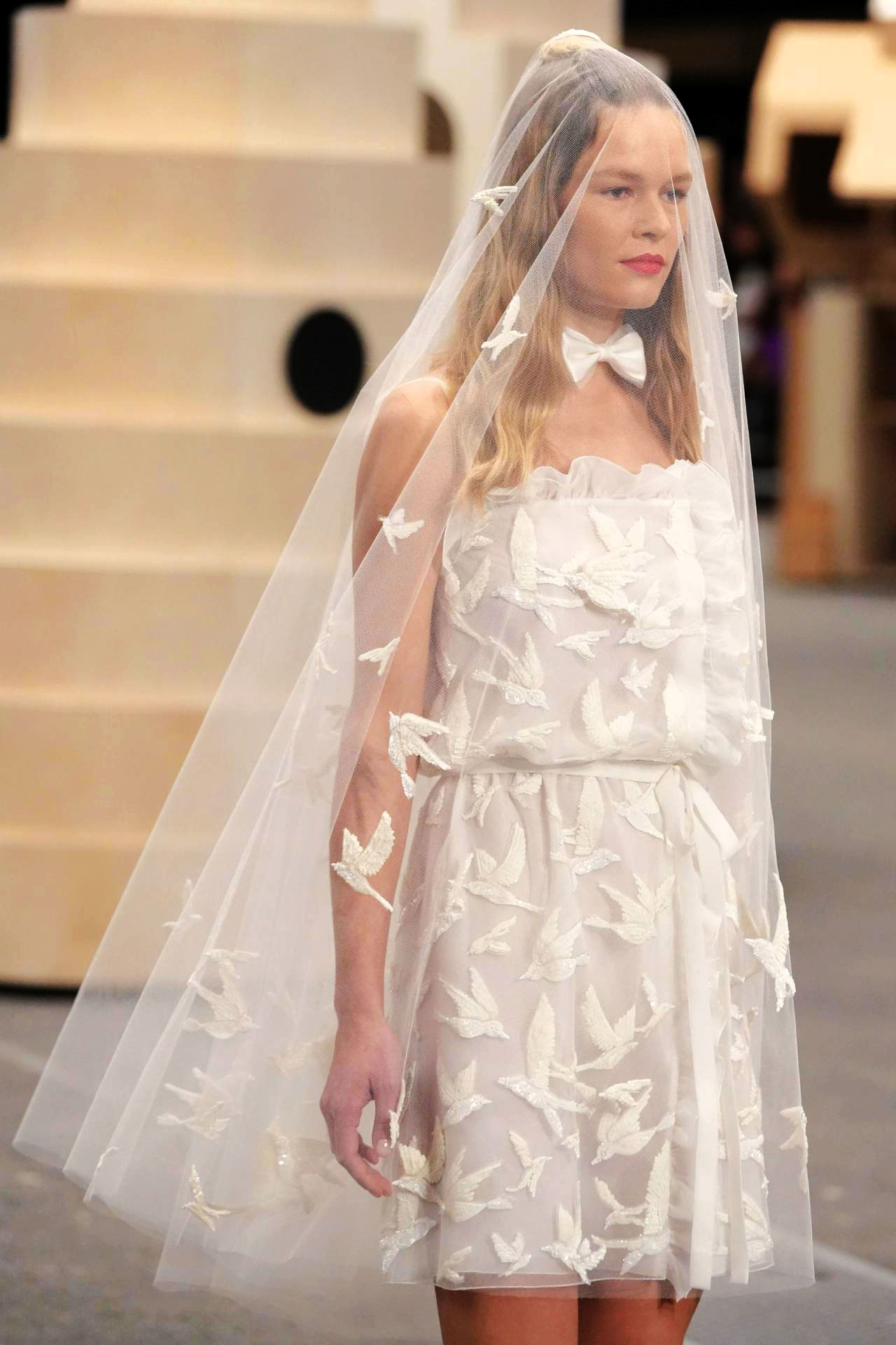 Anna Ewers wore a mini bridal gown embroidered with swallows to