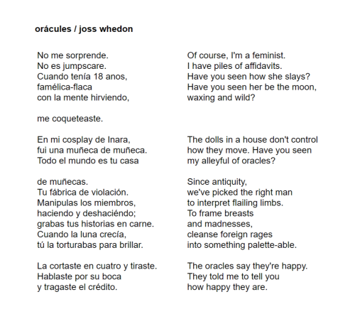 cinqueform: ecc-poetry:orácules / joss whedon-elisa chavezNo me sorprende.No es jumpscare.Cua