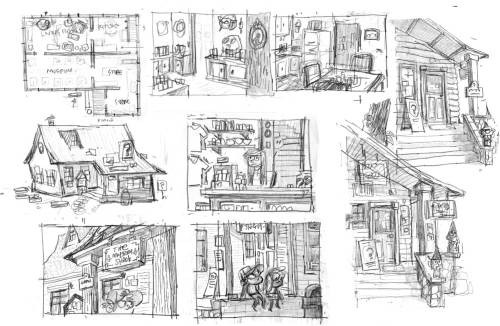 Interior and exterior sketches of the Mystery Shack.