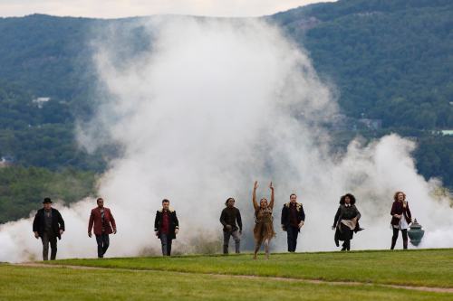 shakespearenews: The Tempest at Hudson Valley Shakespeare. Cast members emerge from billowing clouds